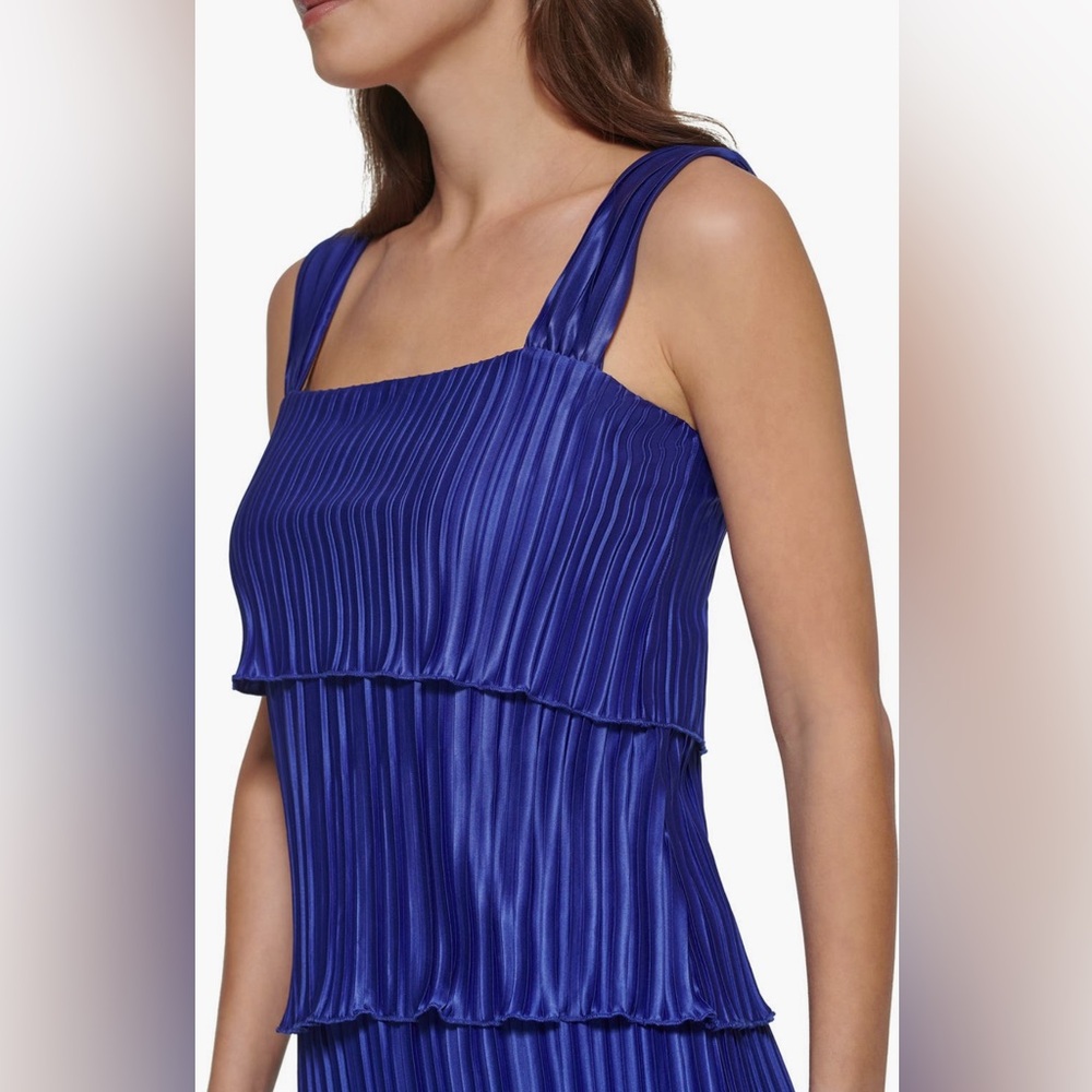 DKNY Berry Blue ๐ Plisse Tiered Satin Dress Size 16 - Picture 5 of 12